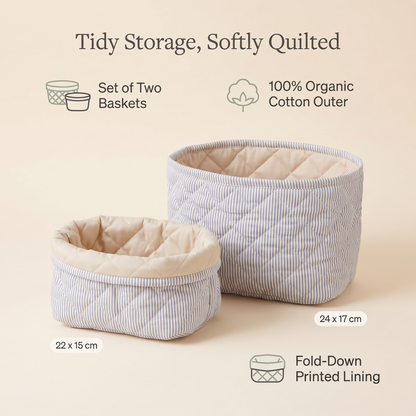 Quilted Cotton Storage Baskets, Set of 2 – Blue Stripe and Praline