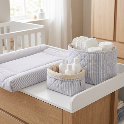 Quilted Cotton Storage Baskets, Set of 2 – Blue Stripe and Praline