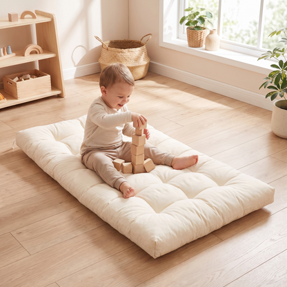 Thick Padded Play Cushion with Corner Ties – Cotton, Cream