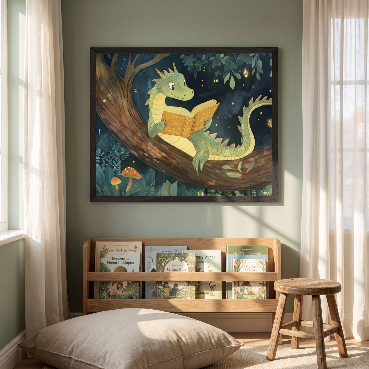 Reading Dragon Wall Art Print with Enchanted Forest, Green and Gold