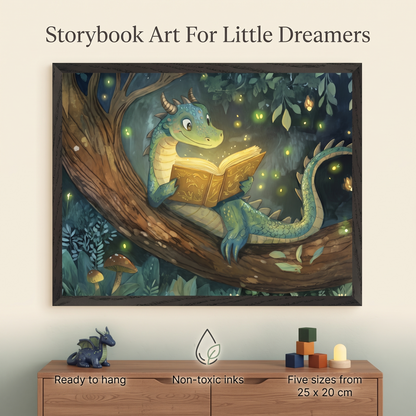Reading Dragon Wall Art Print with Enchanted Forest, Green and Gold