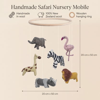 Wool Felt Nursery Mobile with Safari Animals, Natural Wood