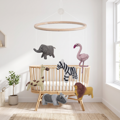 Wool Felt Nursery Mobile with Safari Animals, Natural Wood