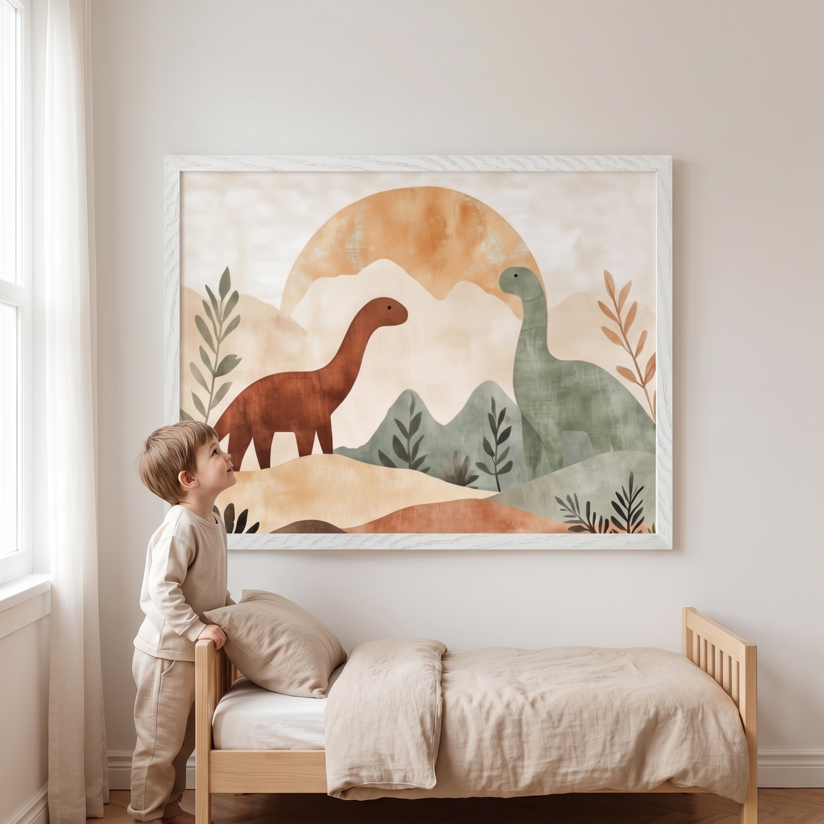Dinosaur Wall Art Print with Mountain Sunset – Brown, Orange and Sage