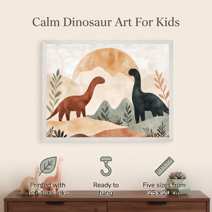 Dinosaur Wall Art Print with Mountain Sunset – Brown, Orange and Sage