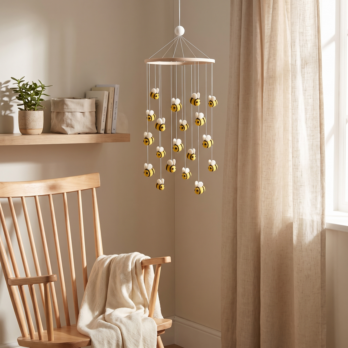 Wool Felt Nursery Mobile with Bumblebees, Natural Wood