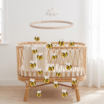 Wool Felt Nursery Mobile with Bumblebees, Natural Wood