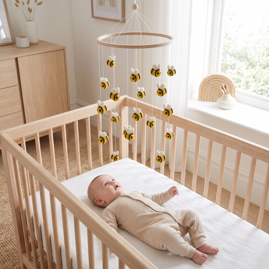 Wool Felt Nursery Mobile with Bumblebees, Natural Wood