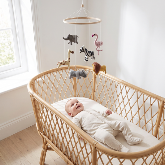 Wool Felt Nursery Mobile with Safari Animals, Natural Wood