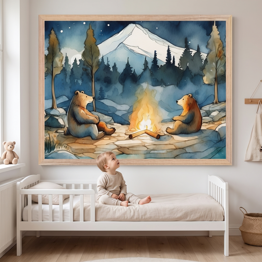 Bear Campfire Watercolor Wall Art Print, Blue and Brown