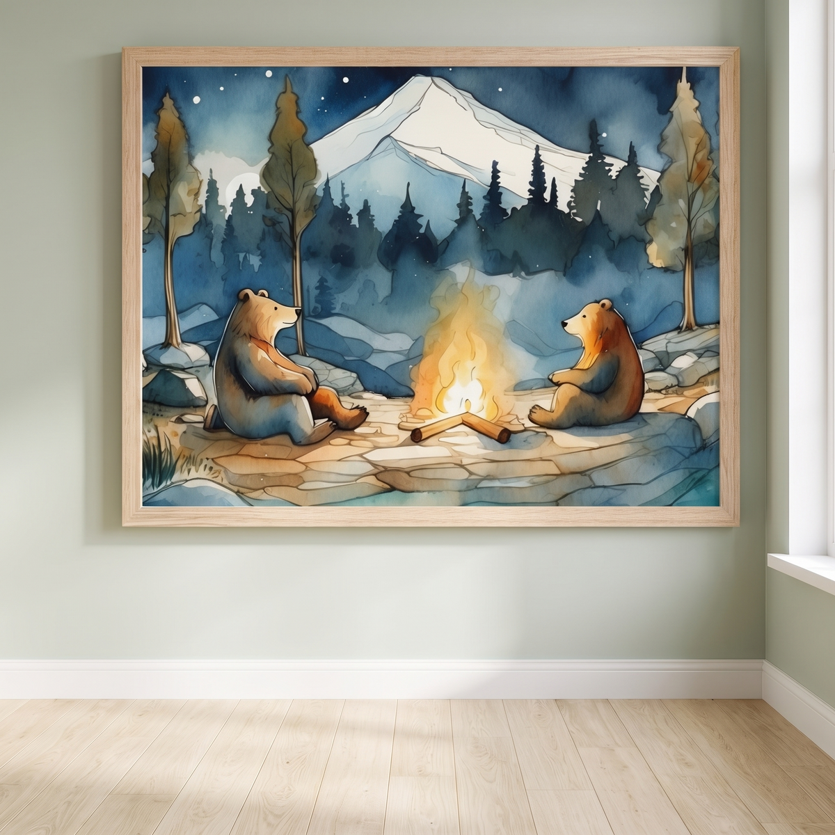 Bear Campfire Watercolor Wall Art Print, Blue and Brown