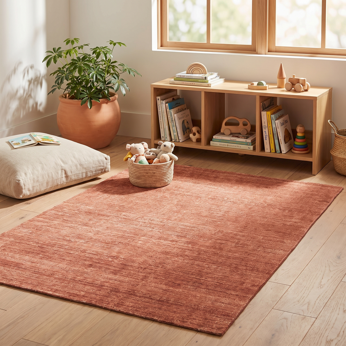 Washable Kids Rug with Built-In Underlay, Terracotta Orange – 180 x 120 cm
