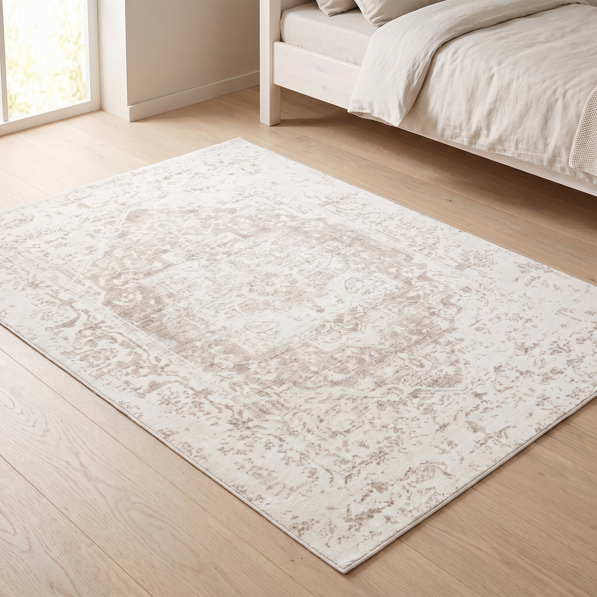 Washable Kids Rug with Distressed Ornate Pattern, Cream and Beige – 180 x 120 cm
