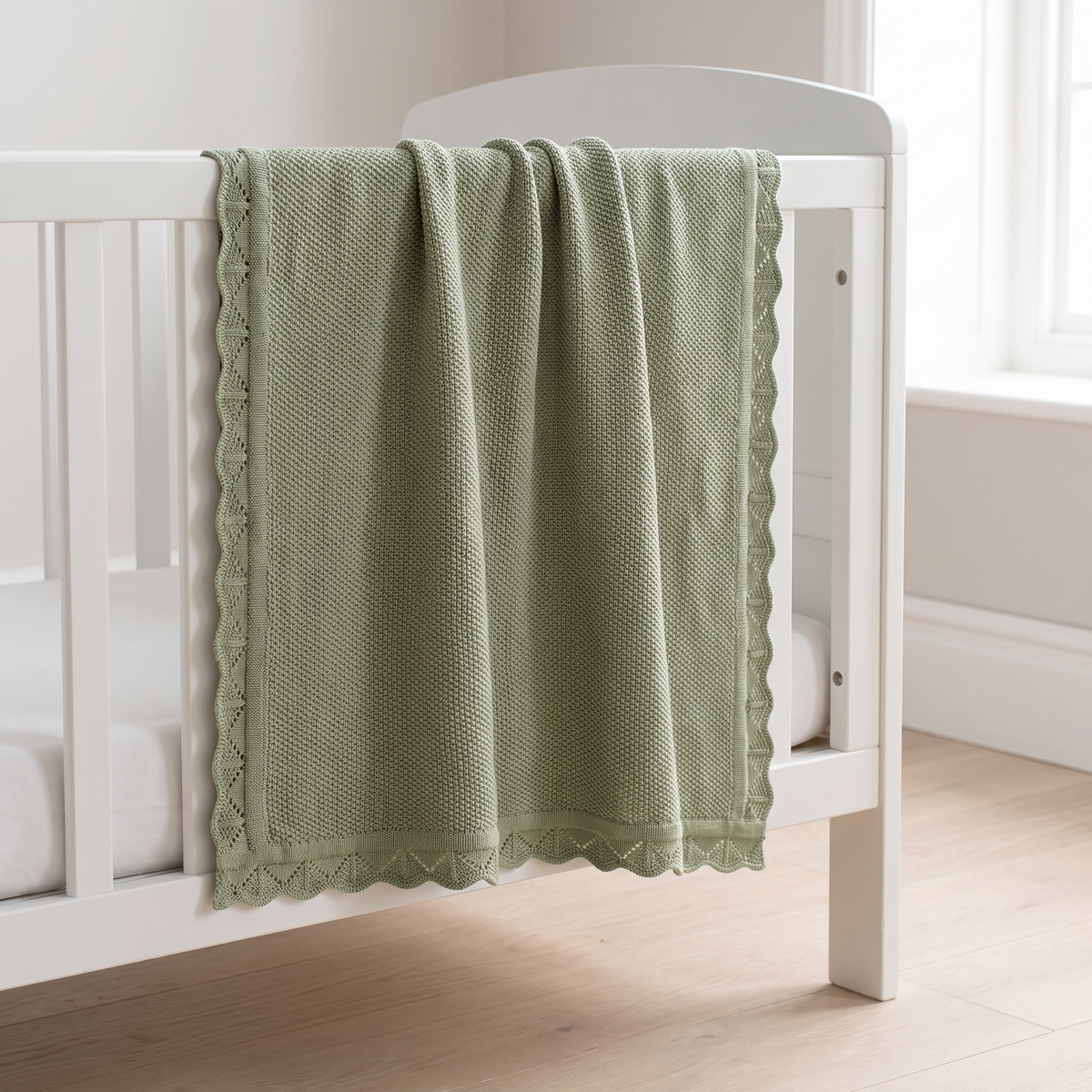 Knitted Baby Blanket in 100% Cotton, Sage Green