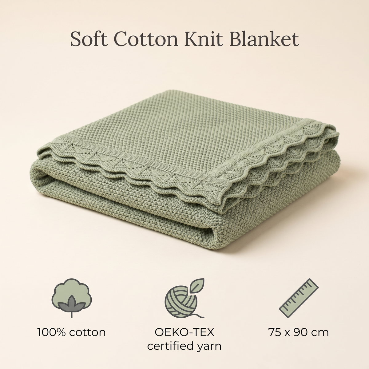 Knitted Baby Blanket in 100% Cotton, Sage Green