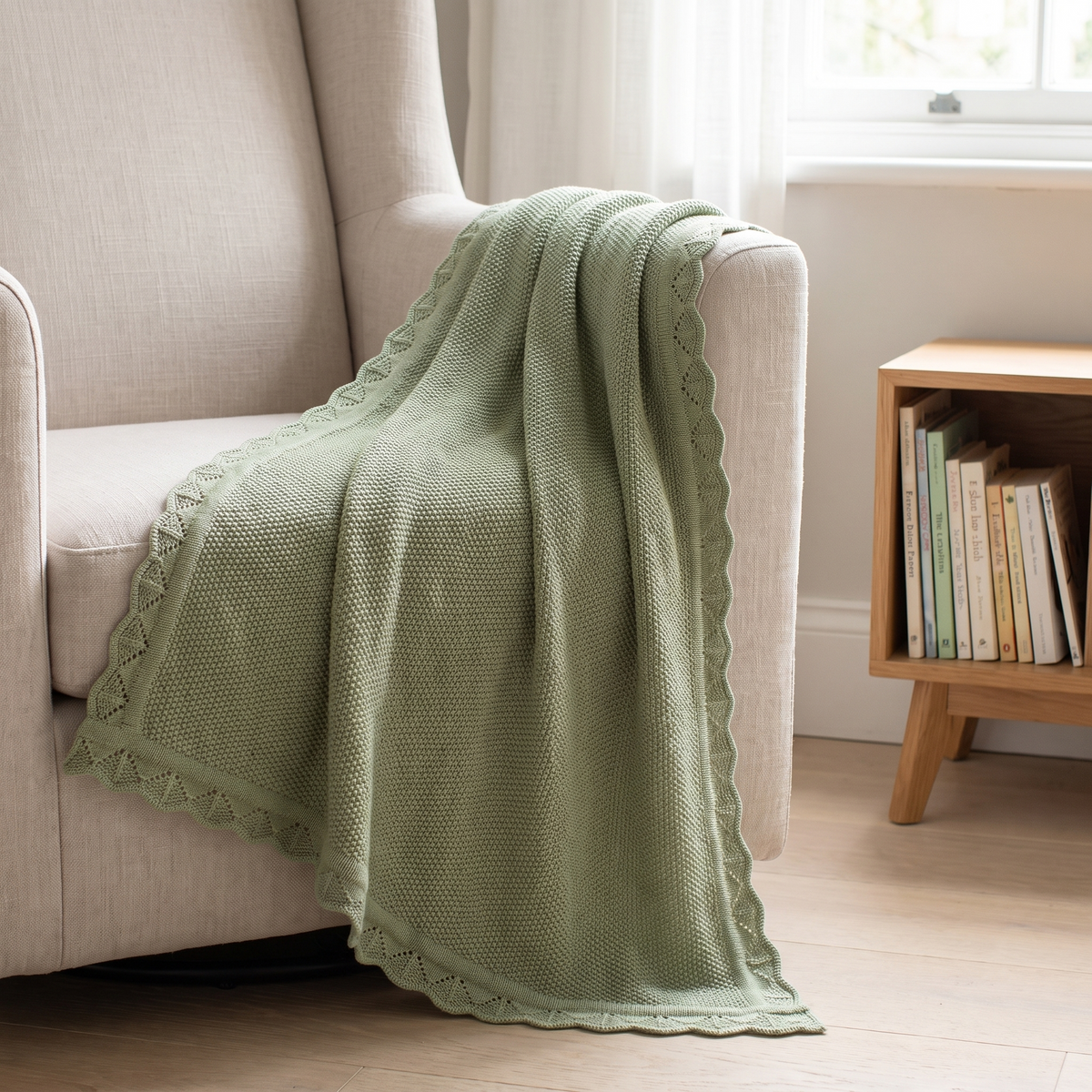Knitted Baby Blanket in 100% Cotton, Sage Green