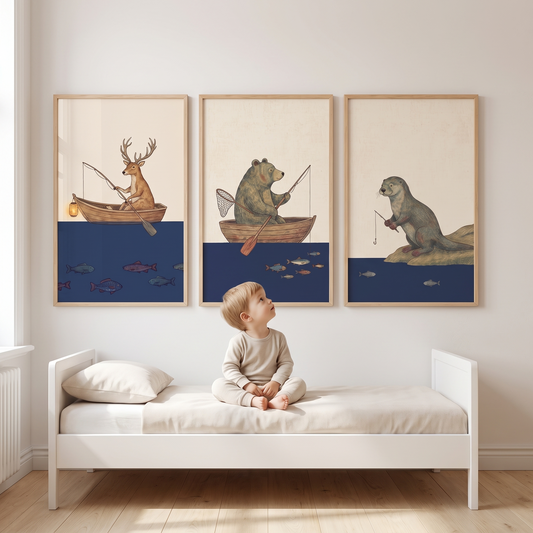 Woodland Animals Fishing Wall Art Prints, Set of 3 – Navy and Rust
