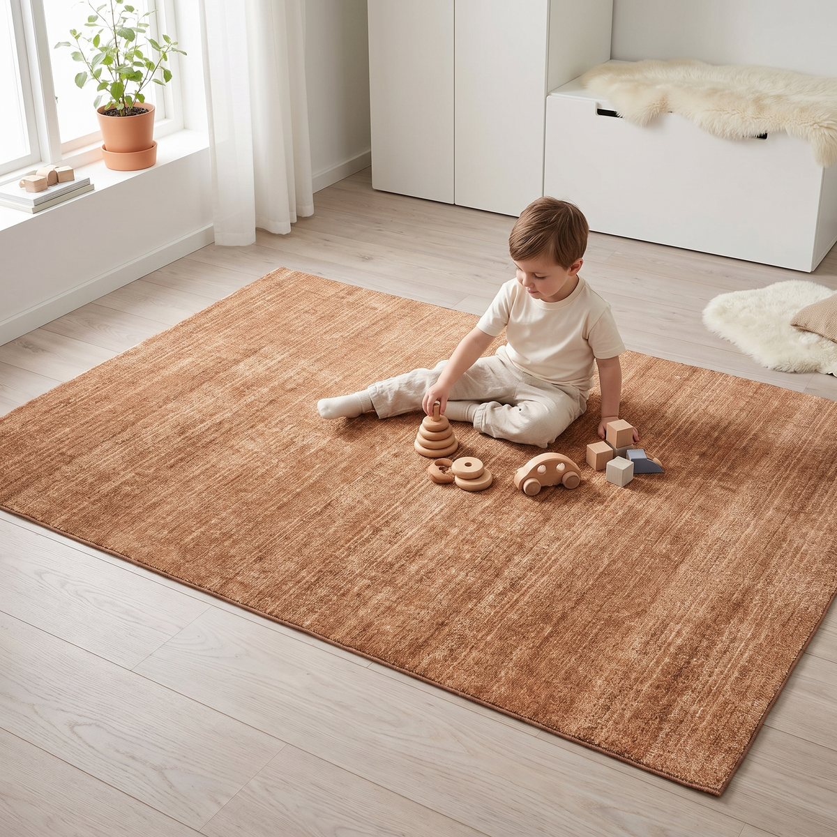 Washable Kids Rug with Built-In Underlay, Caramel – 180 x 120 cm