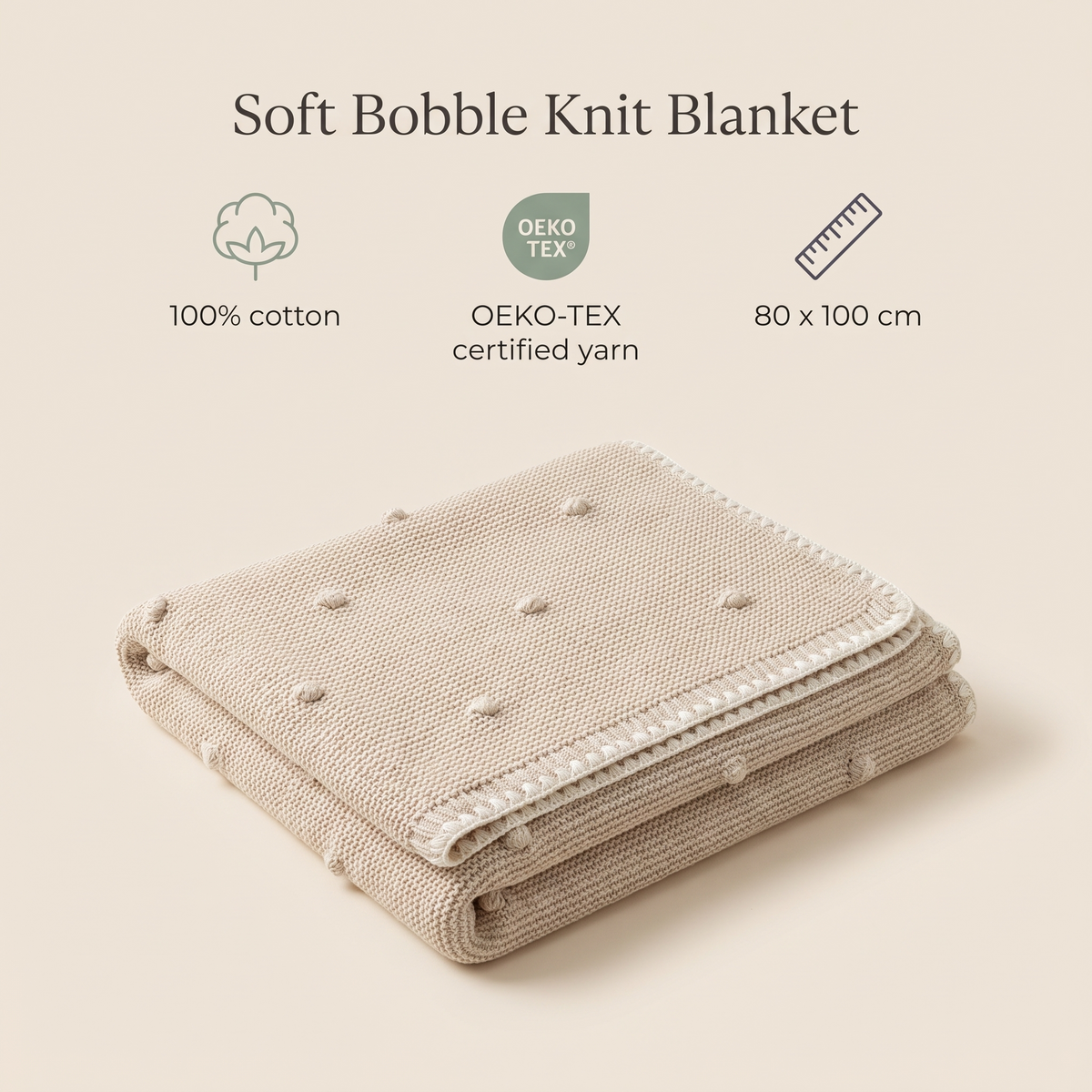 Bobble-Knit Baby Blanket in 100% Cotton, Natural Cream