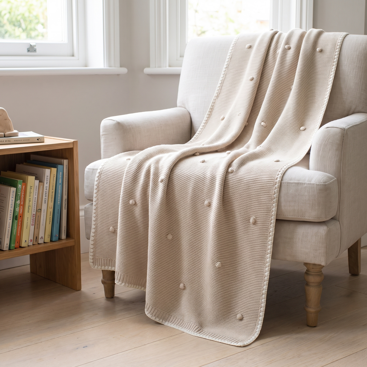 Bobble-Knit Baby Blanket in 100% Cotton, Natural Cream
