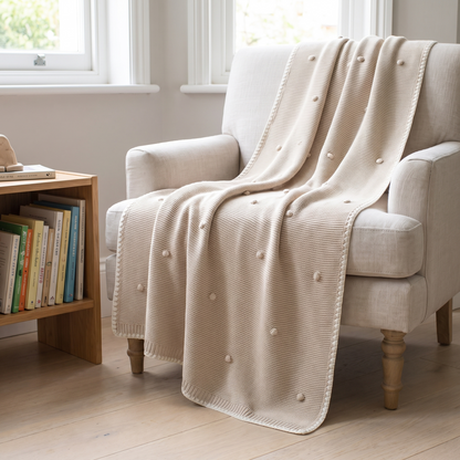 Bobble-Knit Baby Blanket in 100% Cotton, Natural Cream