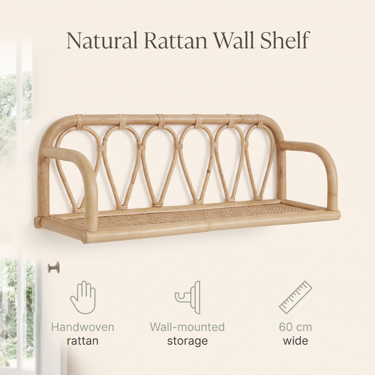 Rattan Wall Shelf for Nursery, Natural, 60 cm
