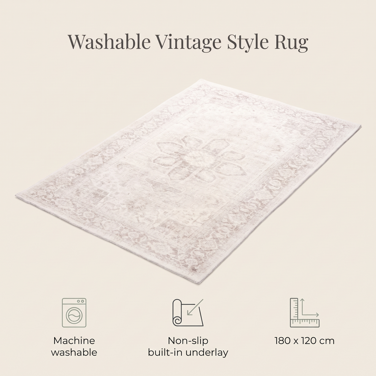 Washable Kids Rug with Distressed Vintage Pattern, Gray and Cream – 180 x 120 cm