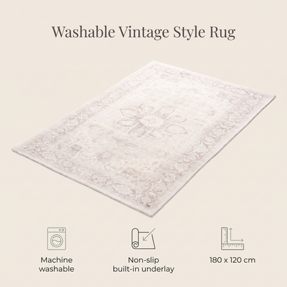 Washable Kids Rug with Distressed Vintage Pattern, Gray and Cream – 180 x 120 cm