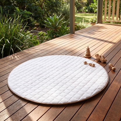 Round Quilted Baby Play Mat with Faux Leather Border and Travel Bag, Whisper White