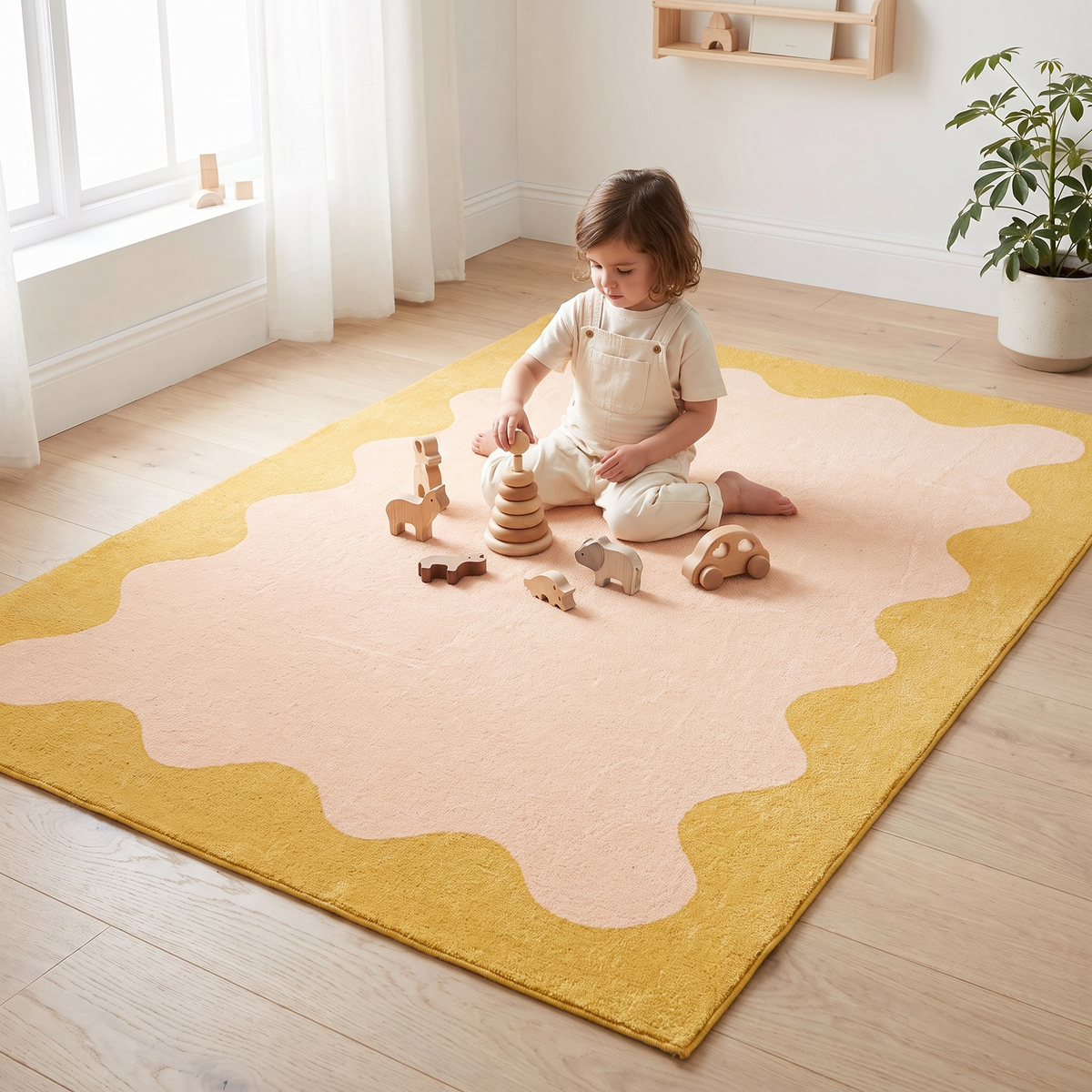 Washable Kids Rug with Wiggle Border, Pink and Yellow – 180 x 120 cm