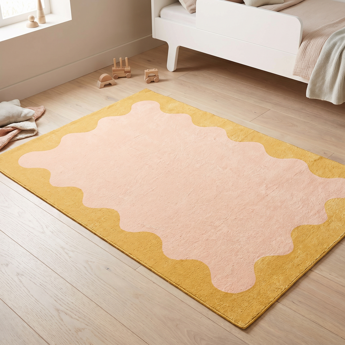 Washable Kids Rug with Wiggle Border, Pink and Yellow – 180 x 120 cm