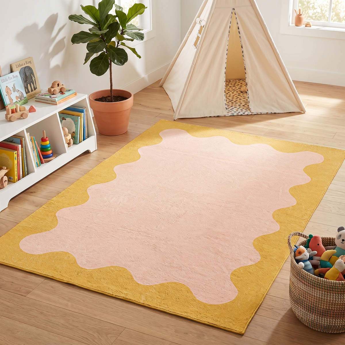 Washable Kids Rug with Wiggle Border, Pink and Yellow – 180 x 120 cm