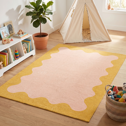 Washable Kids Rug with Wiggle Border, Pink and Yellow – 180 x 120 cm