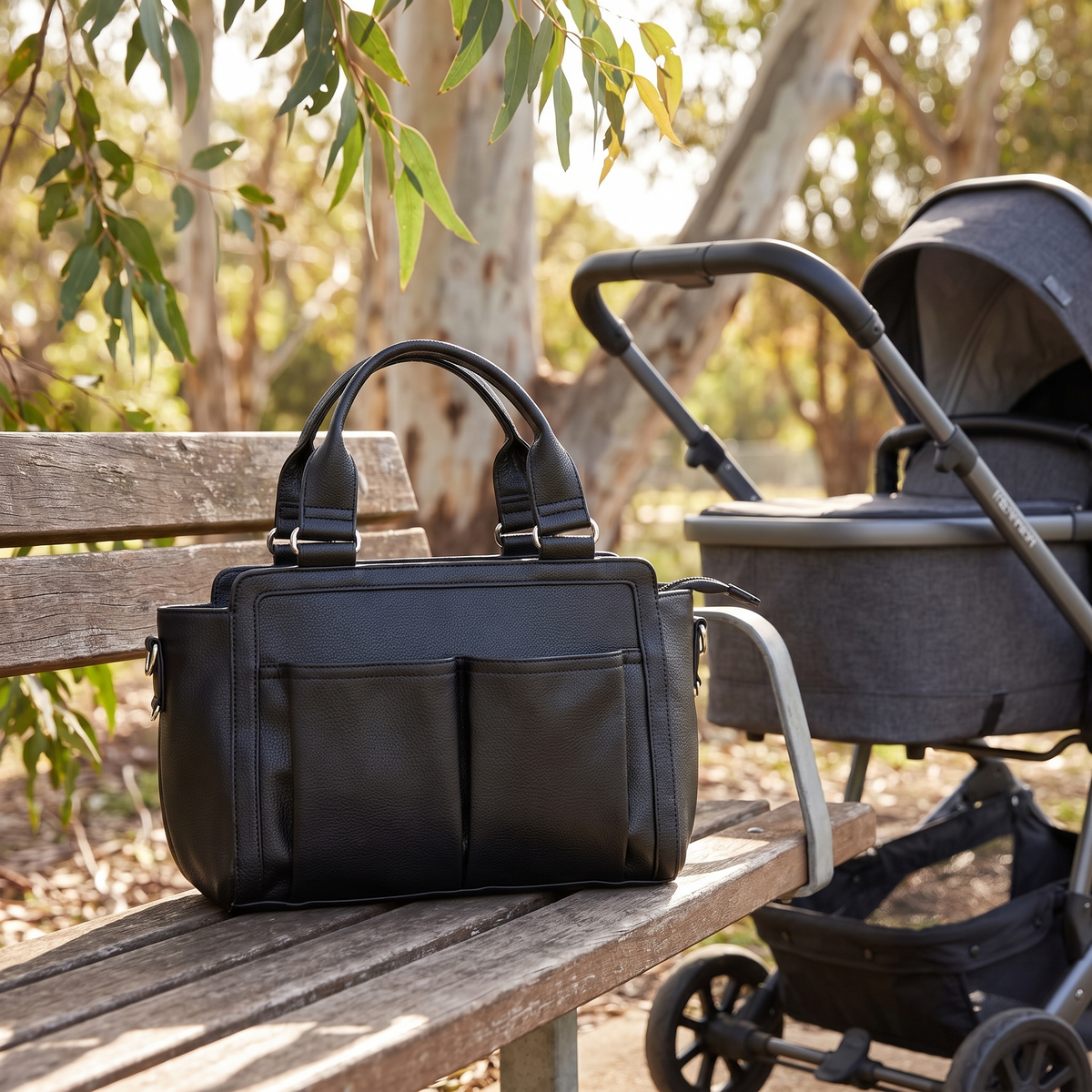 Convertible Faux Leather Pram Caddy with Insulated Bottle Pockets – Black