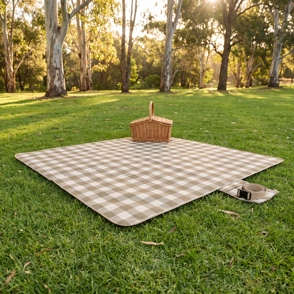 Roll-Up Picnic Rug with Foam Lining and Carry Strap, Olive Check