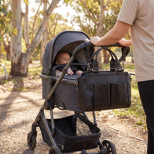 Convertible Faux Leather Pram Caddy with Insulated Bottle Pockets – Black