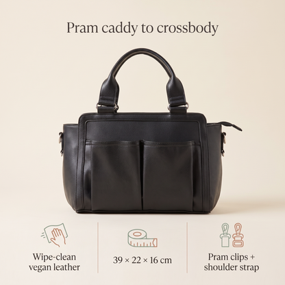 Convertible Faux Leather Pram Caddy with Insulated Bottle Pockets – Black