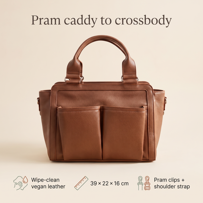 Convertible Faux Leather Pram Caddy with Insulated Bottle Pockets – Pebbled Tan