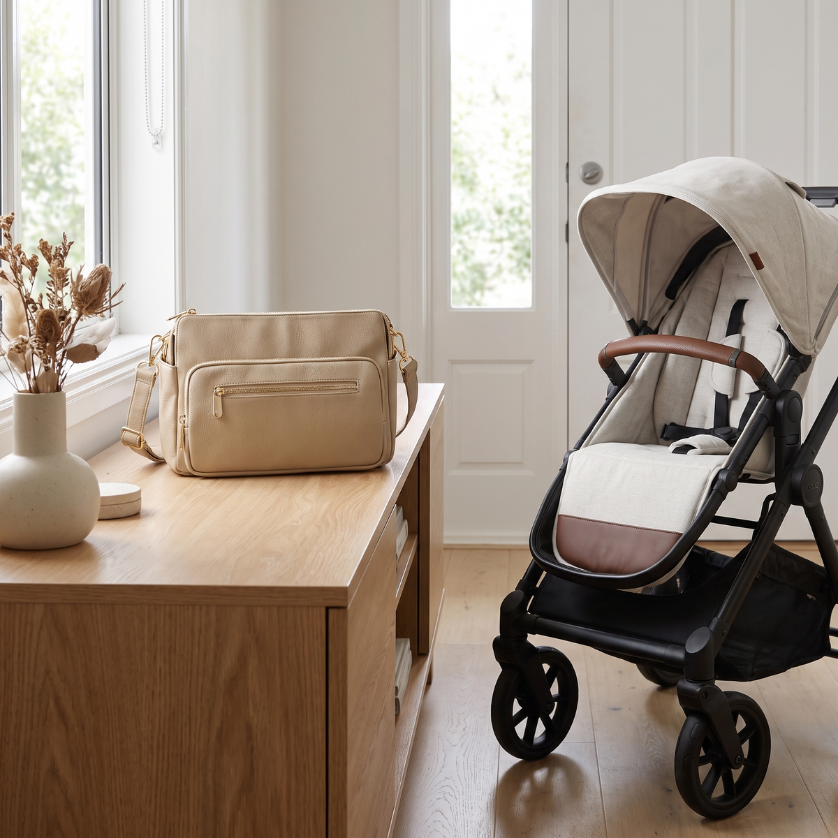 Convertible Faux Leather Pram Caddy with Shoulder Strap, Oat