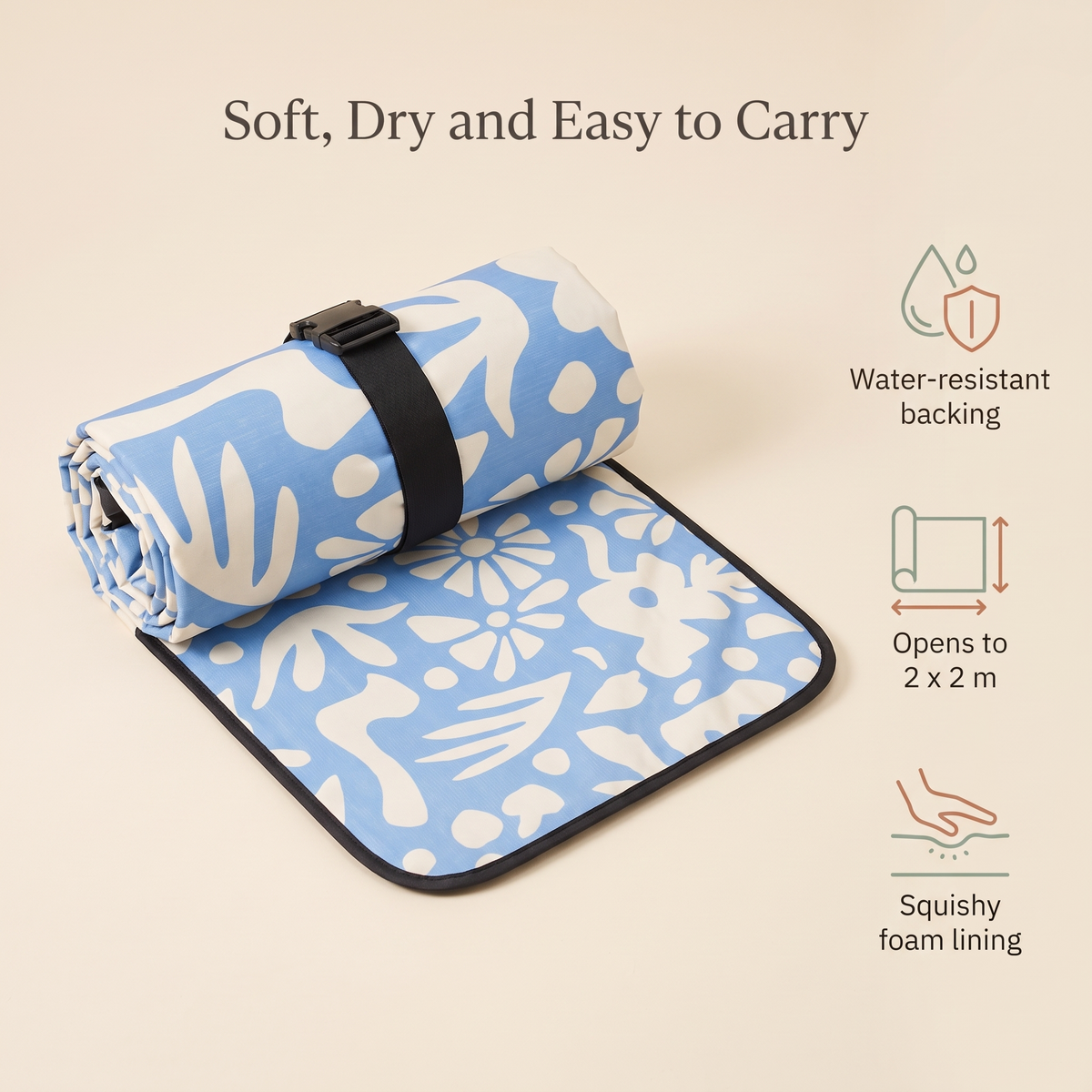 Roll-Up Picnic Rug with Foam Lining, Butter Blue Check