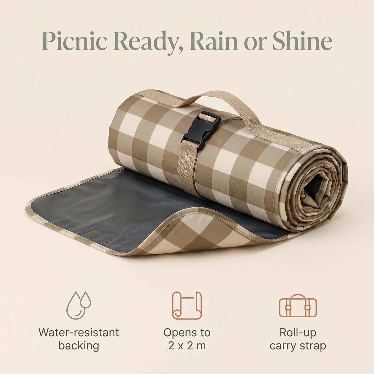 Roll-Up Picnic Rug with Foam Lining and Carry Strap, Olive Check