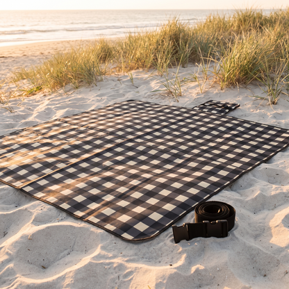 Roll-Up Picnic Rug with Foam Lining and Peg Loops, Black Check