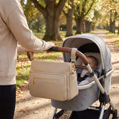 Convertible Faux Leather Pram Caddy with Shoulder Strap, Oat