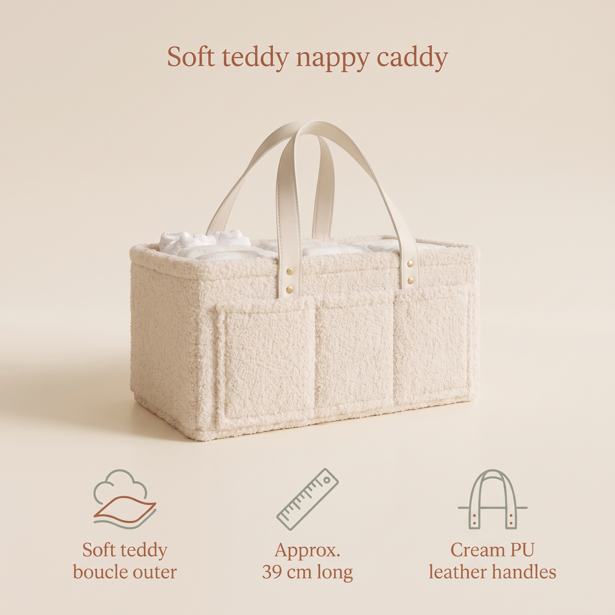 Teddy Boucle Nappy Caddy with Faux Leather Handles, Oat