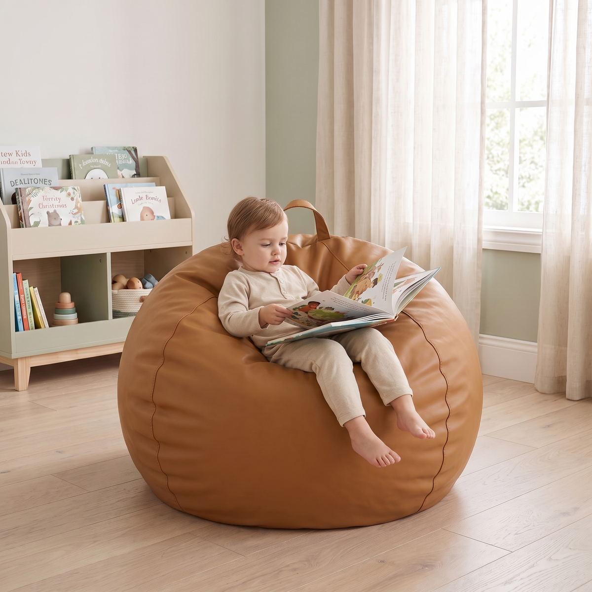 Round Kids Bean Bag Cover with Lay-Flat or Sit-Up Shape, Tan