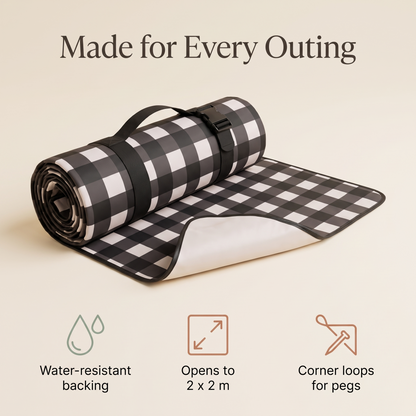 Roll-Up Picnic Rug with Foam Lining and Peg Loops, Black Check