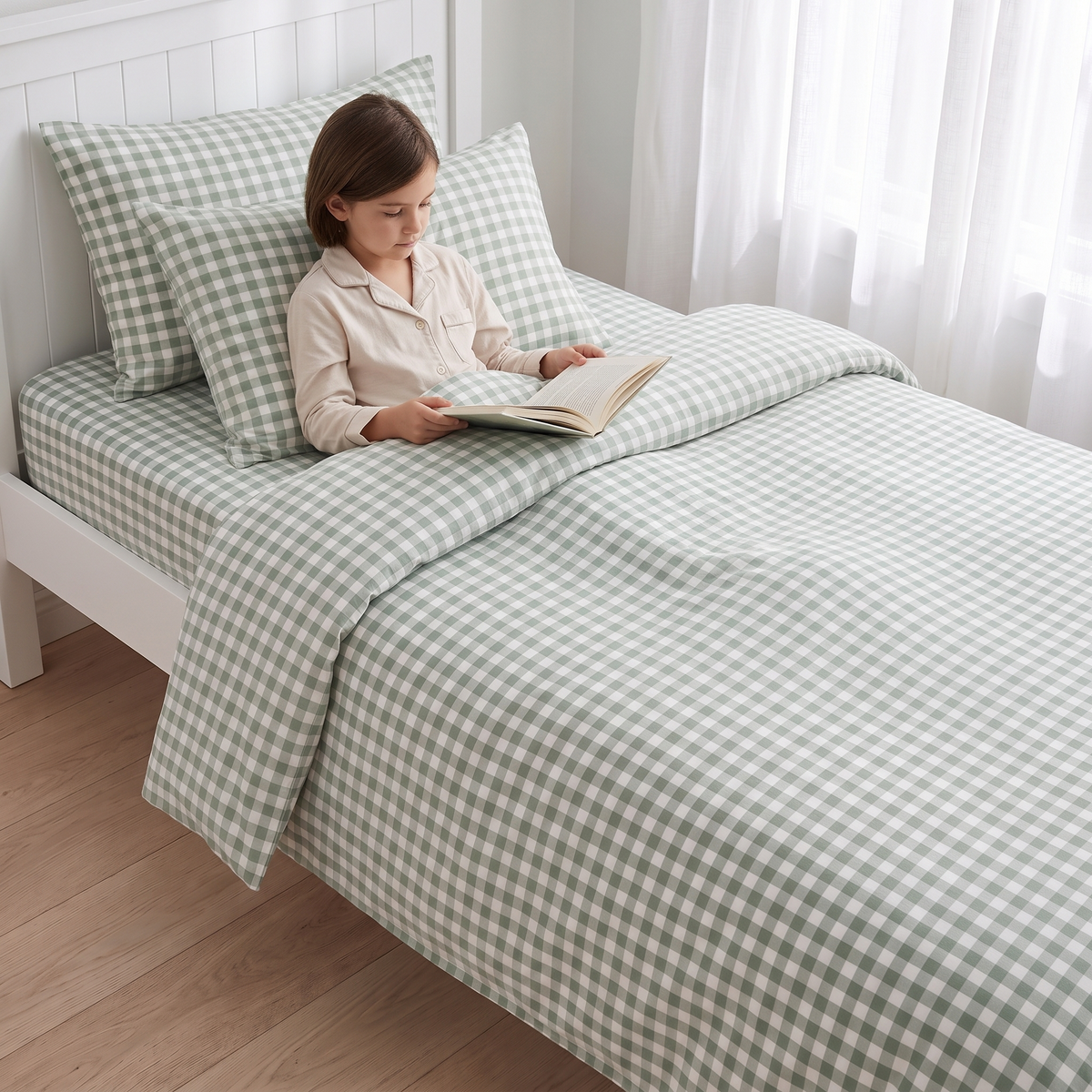 Gingham Cotton Quilt Cover, King Single/Double – Sage, 180 x 210 cm