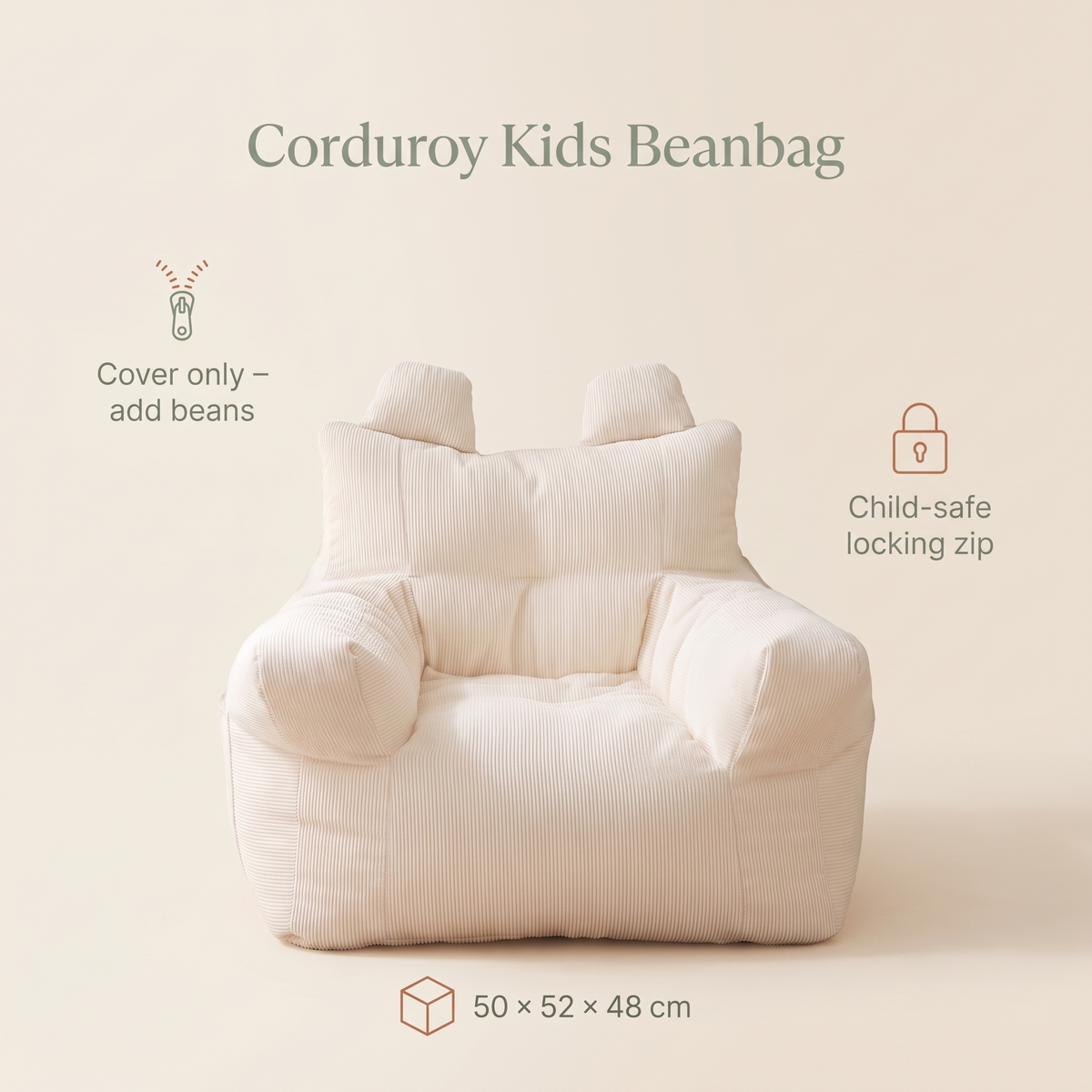 Corduroy Kids Bean Bag Chair Cover with Cotton Insert, Cream