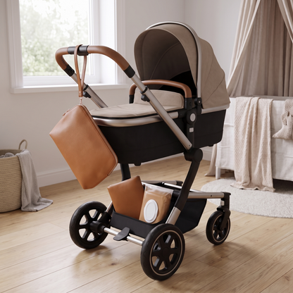 3-Piece Changing Set with Fold-Out Clutch Mat, Wipes Case and Pouch – Tan