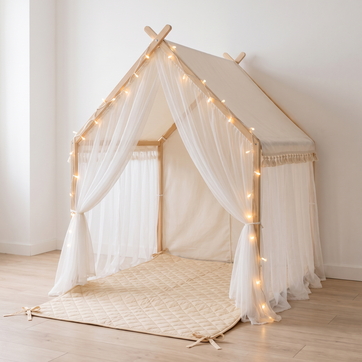 Fairytale Play Tent Set with Quilted Mat and USB Fairy Lights, Ivory